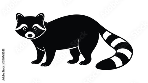 Curious raccoon with ringed tail in woodland scene silhouette illustration