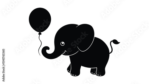Cute baby elephant holding balloon in playful pose silhouette illustration
