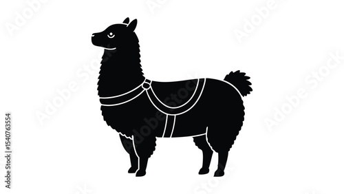Fluffy llama wearing pom pom harness in Andean style silhouette illustration