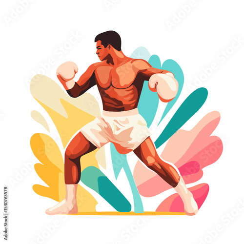 Boxer in stance ready to fight with colorful abstract background  