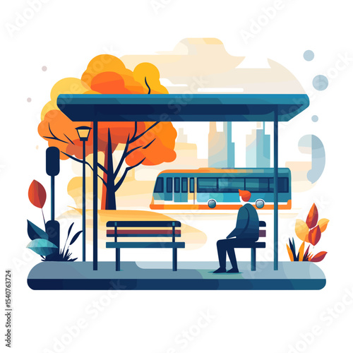 Man waiting at bus stop in autumn cityscape with colorful trees  