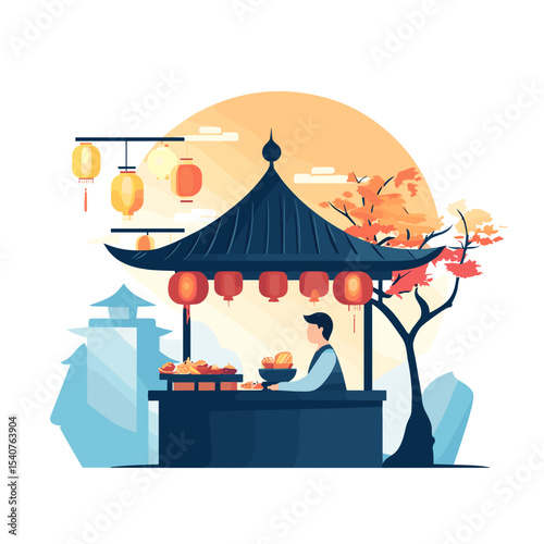 Asian market vendor selling fruits in traditional pavilion with lanterns  