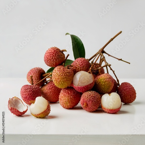 Fresh lychee cluster with peeled lychee, lychee fruit close-up, tropical lychee still life
