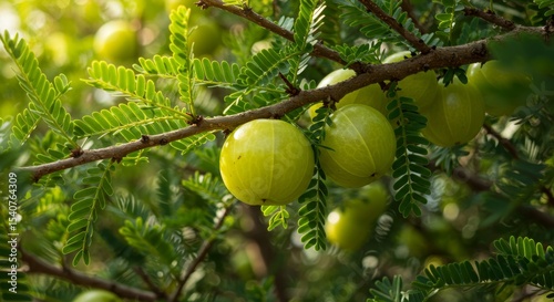 Indian Gooseberry Tree Branch with Ripe Fruit - Close-up of a branch laden with ripe Indian gooseberries, showcasing their vibrant green color and the lush foliage of the tree