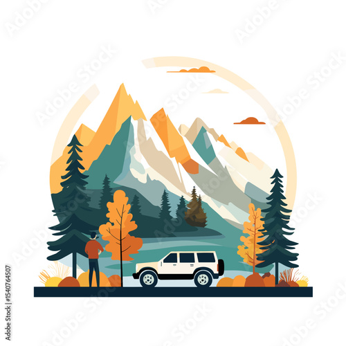 Adventurer observing mountains by parked car in nature landscape  