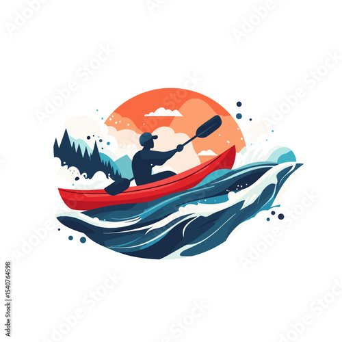 Kayaker paddling on waves against sunset background  