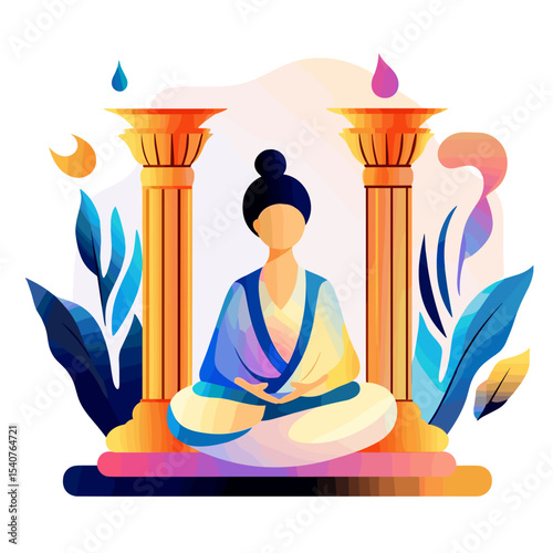 Abstract illustration of meditating figure surrounded by nature elements  