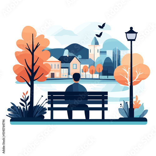 Man sitting on park bench overlooking cityscape with autumn trees  