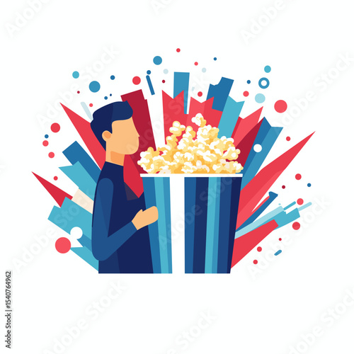 Person holding a large bucket of popcorn with colorful background  