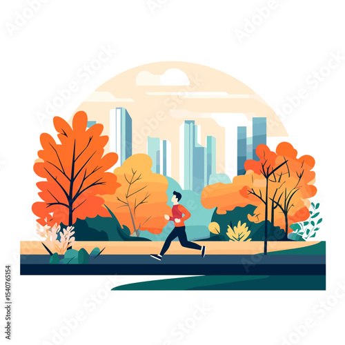 Man jogging on pathway in colorful autumn park with city skyline  