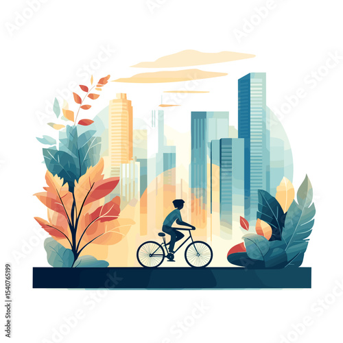 Young man cycling through vibrant cityscape with greenery  