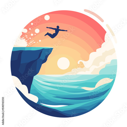 Person jumping off cliff into ocean at sunset in vibrant colors  
