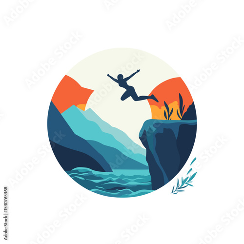 Person jumping into water from cliff in mountainous landscape  