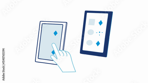Hand interacting with a tablet device displaying a blue diamond shape and another tablet nearby