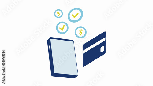 Illustration of a smartphone next to a credit card with floating coins and checkmarks above it