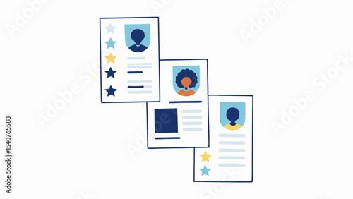 Three resume cards with profile pictures and star ratings for candidate evaluation process shown here