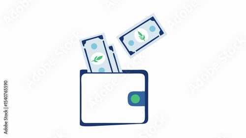 Wallet with eco friendly money showing green leaf design and blue border on white background design vector
