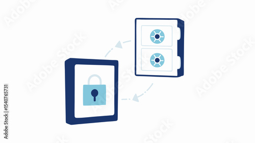 Data transfer depicted with padlock on screen and safe box connected by arrows design style