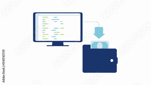 Computer screen displaying code with arrow pointing to wallet with money illustration image