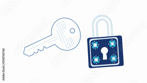 Illustration of a simple key with a symbol and a padlock with flower designs on a white background