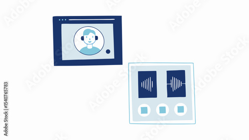 Illustration of a video call on a screen and a sound wave visualizer on a light background