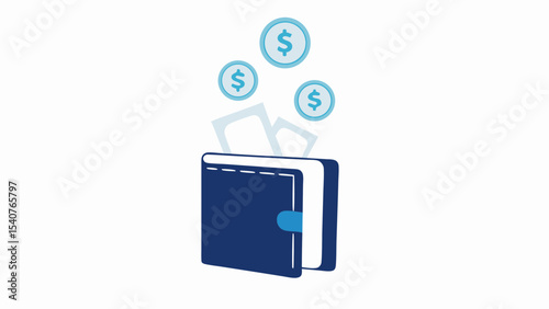 Blue wallet with coins falling into it and papers coming out of it in a simple illustration