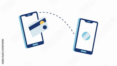 Illustration depicting a credit card moving from one smartphone to another via a dotted line, transfer