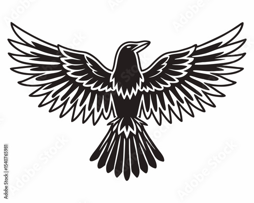 Black and white silhouette of a raven with its wings spread.