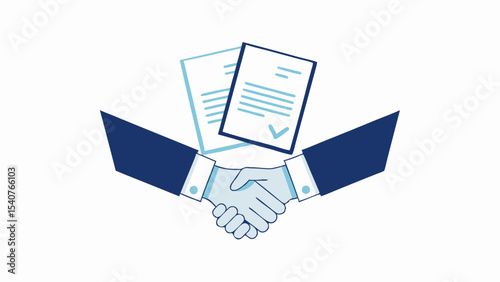 Illustration of a handshake with two documents representing agreement and successful business deal