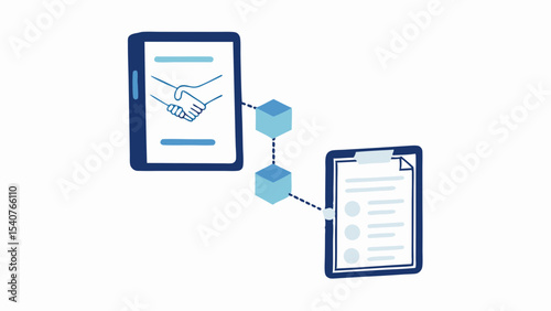 Illustration of digital handshake on tablet connected to clipboard via blockchain technology
