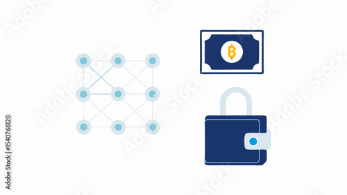 Illustration showing blockchain network with bitcoin currency and secure wallet icon set up on white backdrop