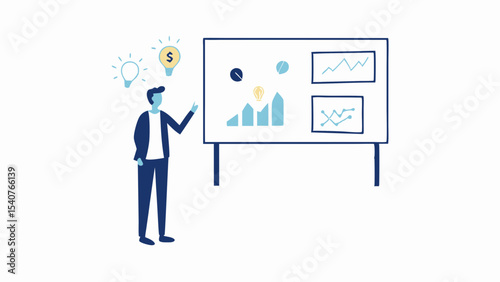 Man presenting business data on a white board with lightbulb idea illustrations above him shown