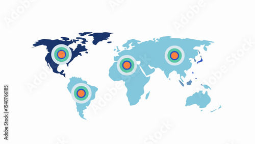 World map showing locations with concentric circles in different continents and oceans areas