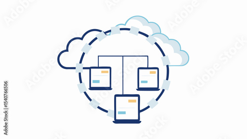 Illustration of connected laptops within a cloud network infrastructure design concept view diagram