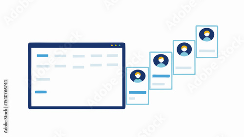 Illustration of a user interface with a window and profile cards in a cascading arrangement