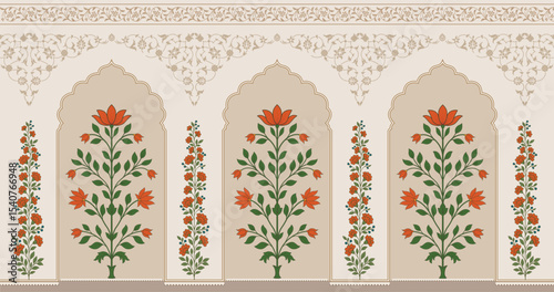 Traditional Mughal flower motif. Traditional wall decorative flower painting. Mughal wall paintings.
