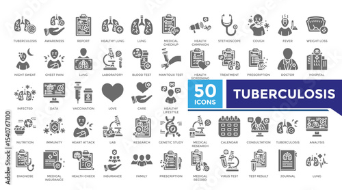 Tuberculosis solid icon set collection. This set includes lab, diagnosis, treatment, doctor, lung, infection, health check and more icons in solid style. Vector icons collection for infographics