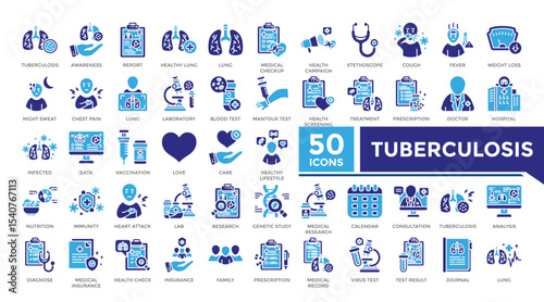 Tuberculosis icon solid two color set collection. This set includes diagnosis, treatment, doctor, lung, infection, health check and more icons in solid style. Vector icons collection for infographics