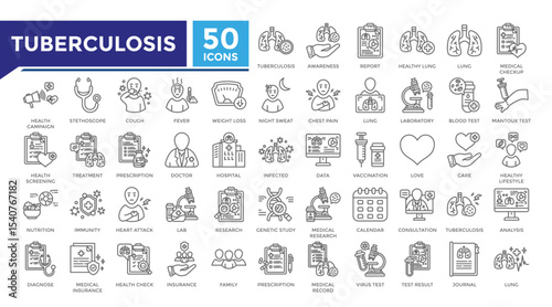 Tuberculosis lineal icon set collection. This set includes lab, diagnosis, treatment, doctor, lung, infection, health check and more icons in lineal style. Vector icons collection for infographics