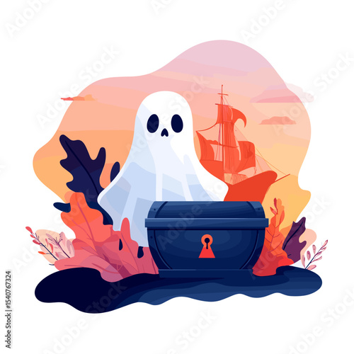 Cute ghost guarding treasure chest with ship in background