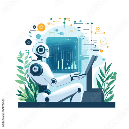Robot working on computer with data visualization screen