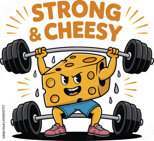 Strong and cheesy cartoon cheese wedge weightlifting
