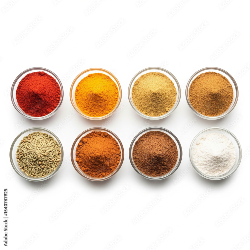 eight indian spice powders in 2x4 grid of transparent bowls eight indian spice powders in 2x4 grid of transparent bowls