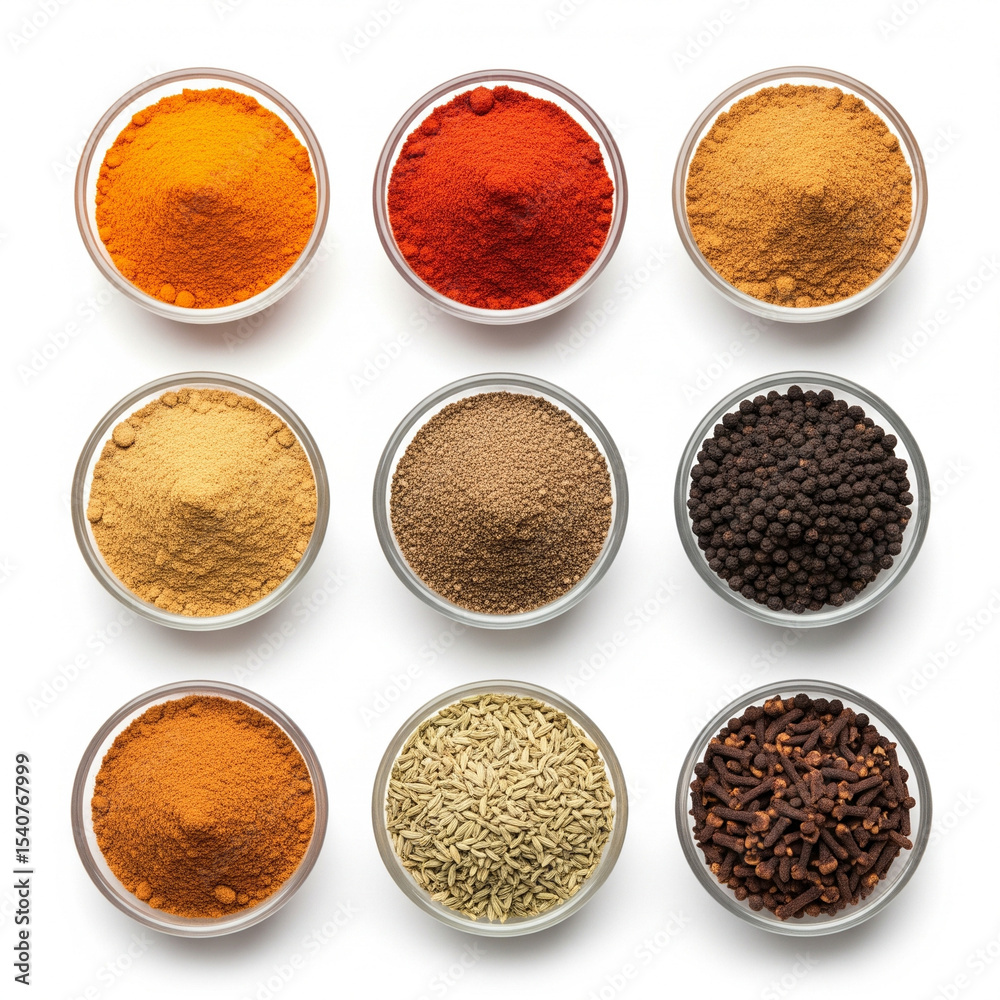 nine indian spice powders in glass bowls 3x3 grid top view nine indian spice powders in glass bowls 3x3 grid top view