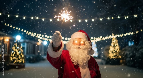 Cheerful Santa Claus Holding Sparkler Outdoors on Snowy Night Celebrating Christmas Eve Tradition with String Lights Decoration in the Background on a Snowy Night