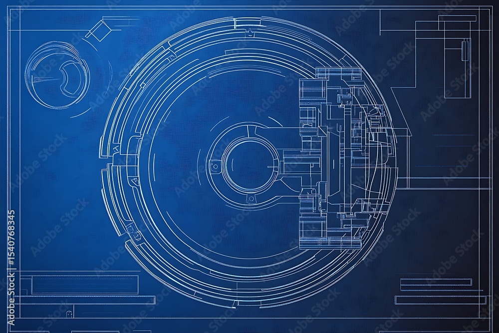 Fototapeta premium A blueprint of a robot vacuum cleaner with sensor positions, wheel motor design, and cleaning path system 