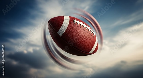 American Football Spiraling Through the Air with Motion Blur against a Dramatic Sky Perfect for Sports Advertising and Team Spirit Concepts
