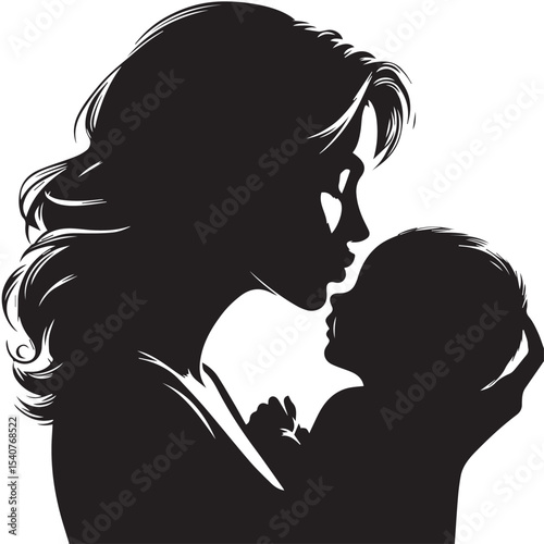 Minimalist Silhouette of a Mother Hugging Her Baby in Circle FrameA heartfelt vector showing a mother warmly hugging her child. Designed in full black silhouette with clean outlines on white backgroun