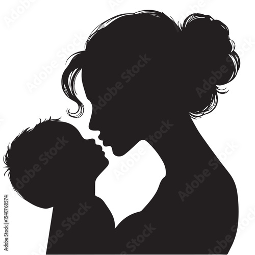 Minimalist Silhouette of a Mother Hugging Her Baby in Circle FrameA heartfelt vector showing a mother warmly hugging her child. Designed in full black silhouette with clean outlines on white backgroun