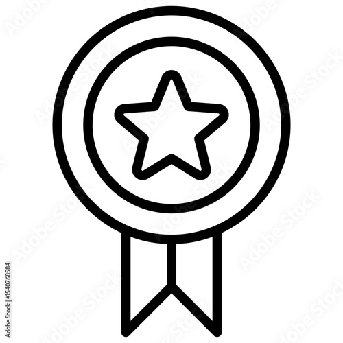 Achievement Badge Outline Style Icon - Circular badge with star and ribbon, representing achievement, award, and recognition